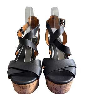 Ralph Lauren Collection Black Leather Criss Cross Cork Wedge Platform Sandals-39